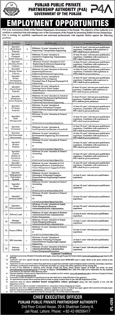 Jobs in Punjab Public Private Partnership Authority Lahore